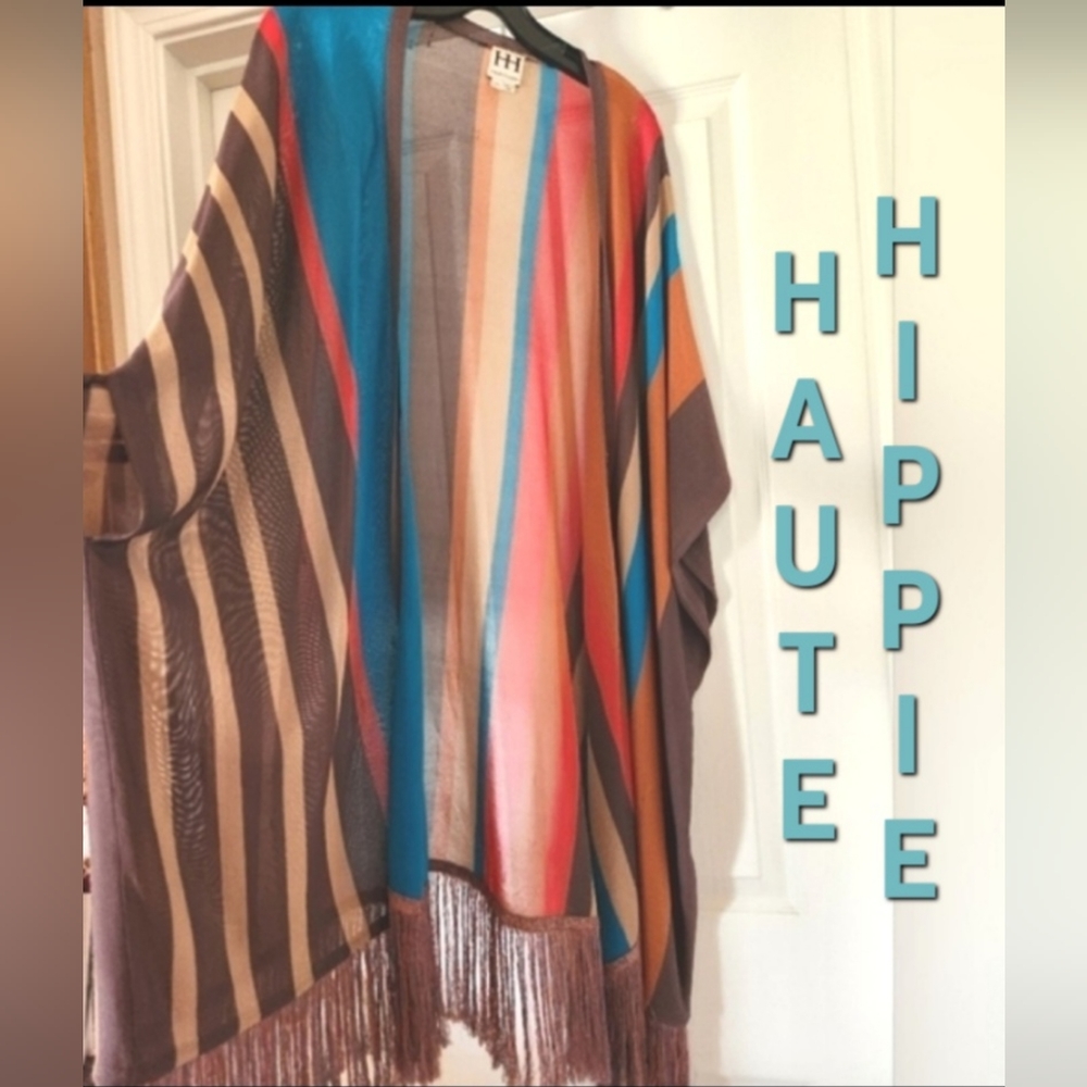 HAUTE HIPPIE Desert Stripes Western Turq Coral Midi Fringe Tunic Kimono Vest OS